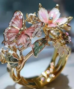 INS Flower Butterfly Ring With Rhinestones And Oil Dropping Design Fashion Personalized Jewelry For Women